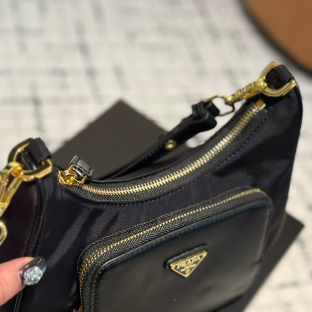Prada Leather Pocket Re Nylon Shoulder Bag Black 8.7 Inches