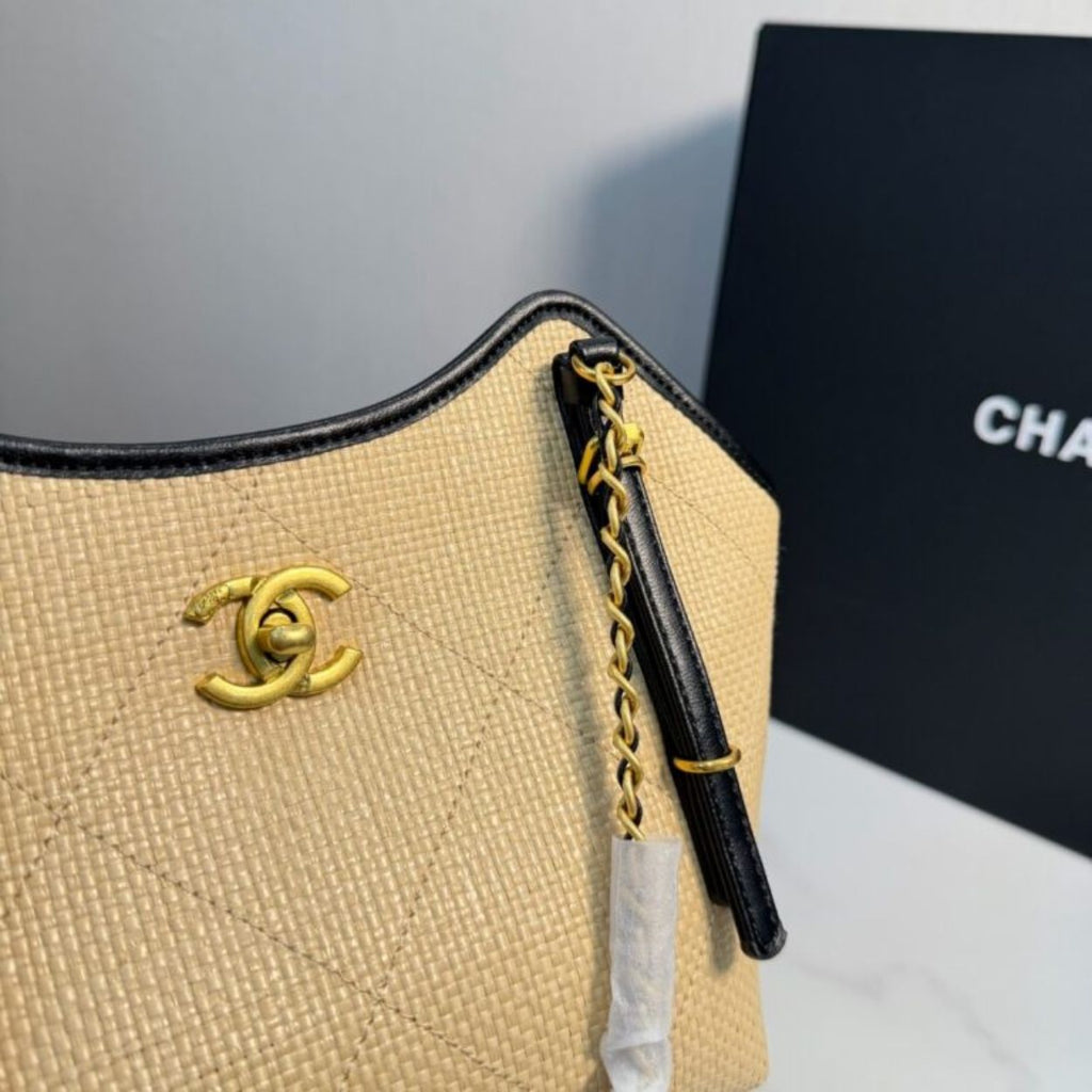 Chanel Small Shopping Bag Braided Raffia Effect Canvas And Gold Tone Metal In Beige 7.9 Inches
