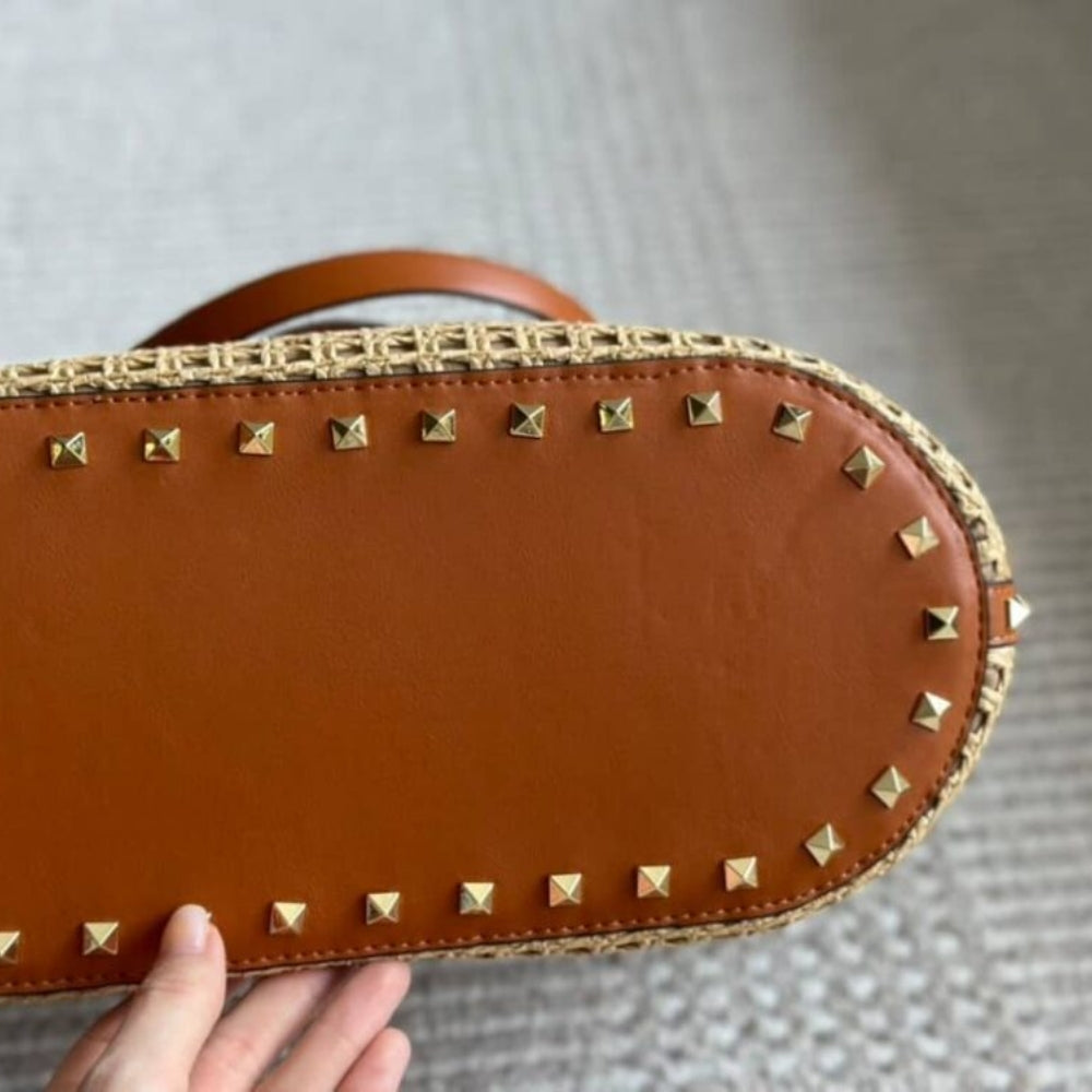 Valentino Garavani Rockstud Raffia Tote Bag Brown 31cm