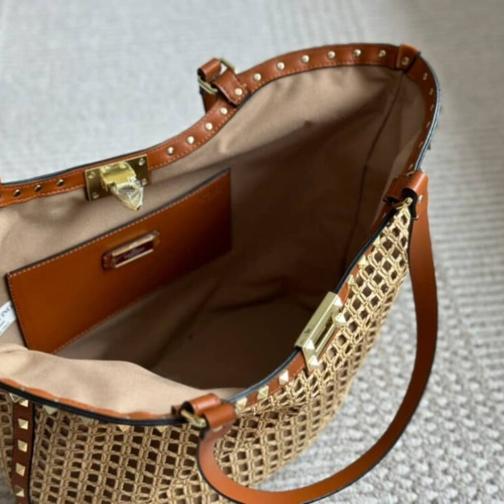 Valentino Garavani Rockstud Raffia Tote Bag Brown 31cm
