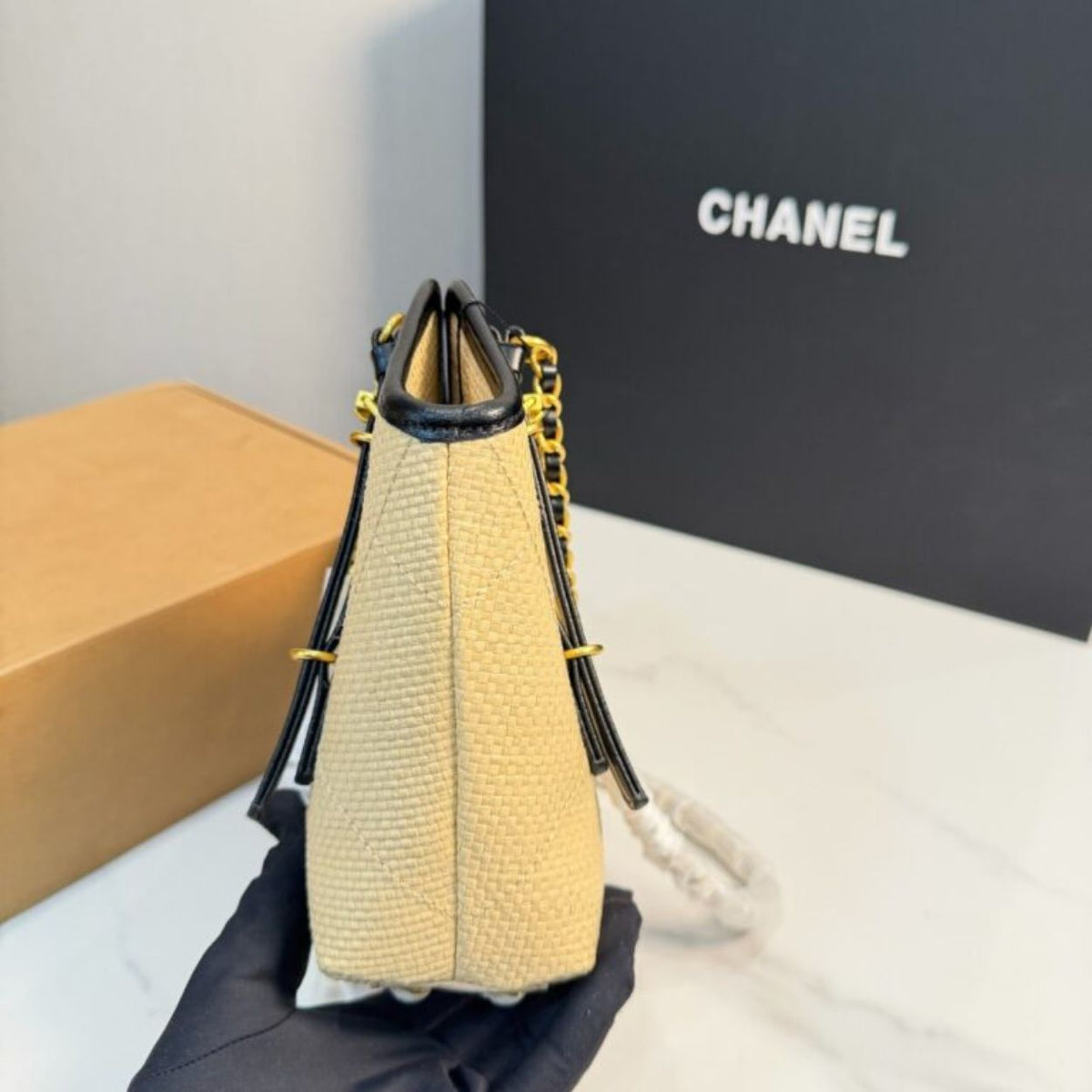 Chanel Small Shopping Bag Braided Raffia Effect Canvas And Gold Tone Metal In Beige 7.9 Inches