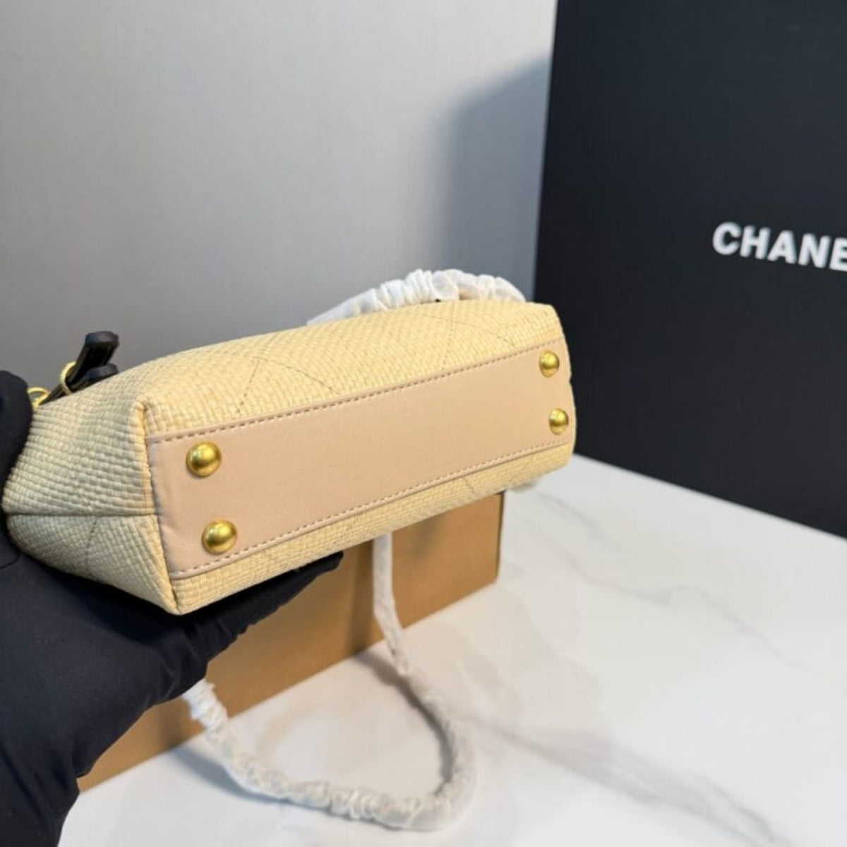 Chanel Small Shopping Bag Braided Raffia Effect Canvas And Gold Tone Metal In Beige 7.9 Inches
