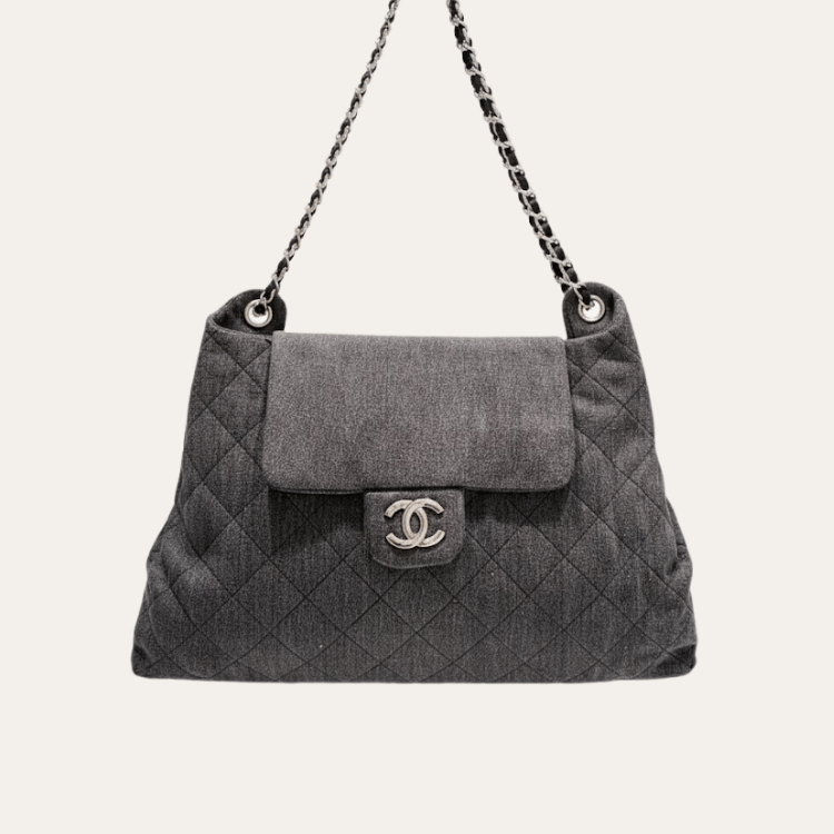 Chanel Quilted Denim Flap Bag Grey 11.8 Inches