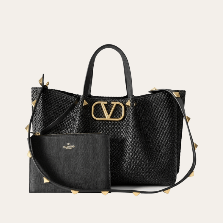 Valentino Vlogo Raffia Tote Bag Black 13.8 Inches
