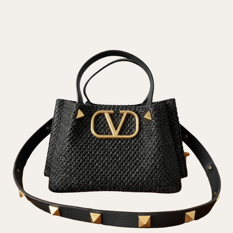 Valentino Vlogo Raffia Tote Bag Black 9.8 Inches