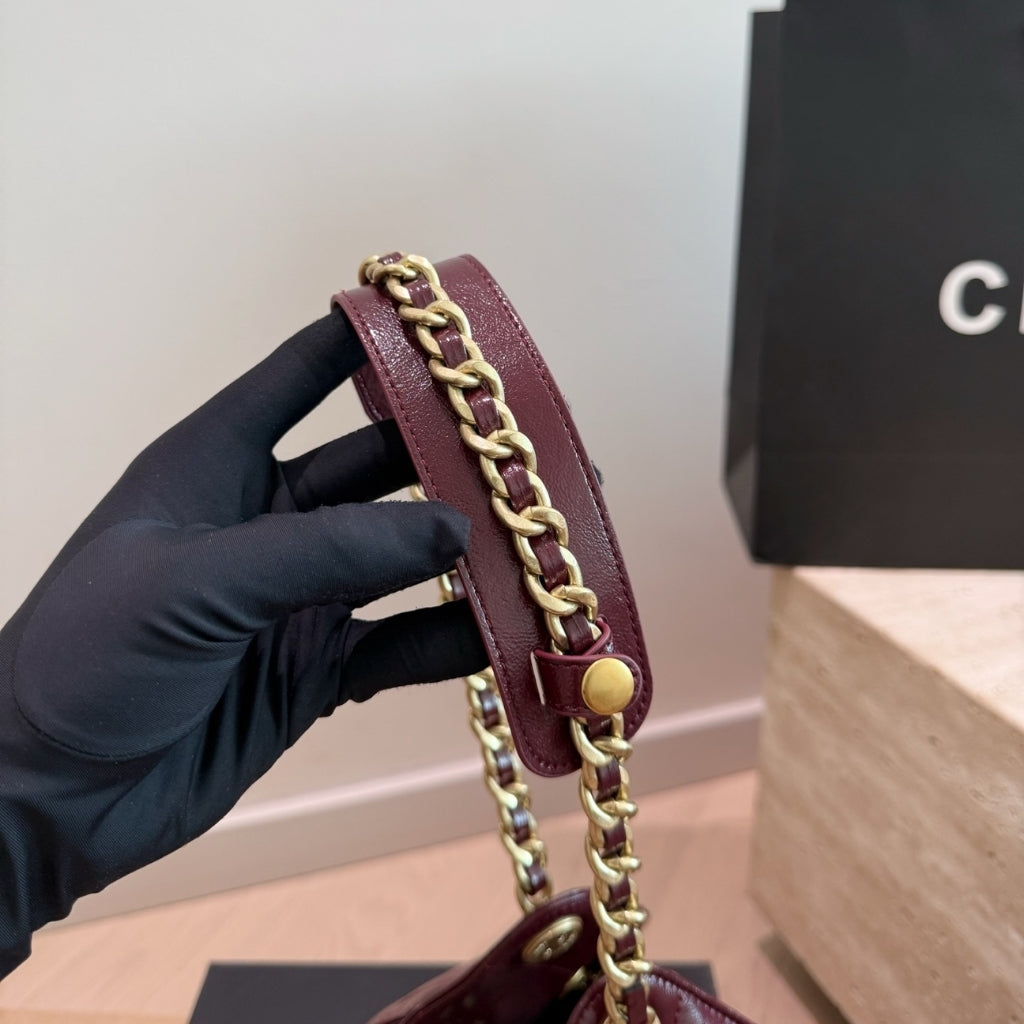 Chanel 25 Mini Shiny Leather Handbag Burgundy 20cm