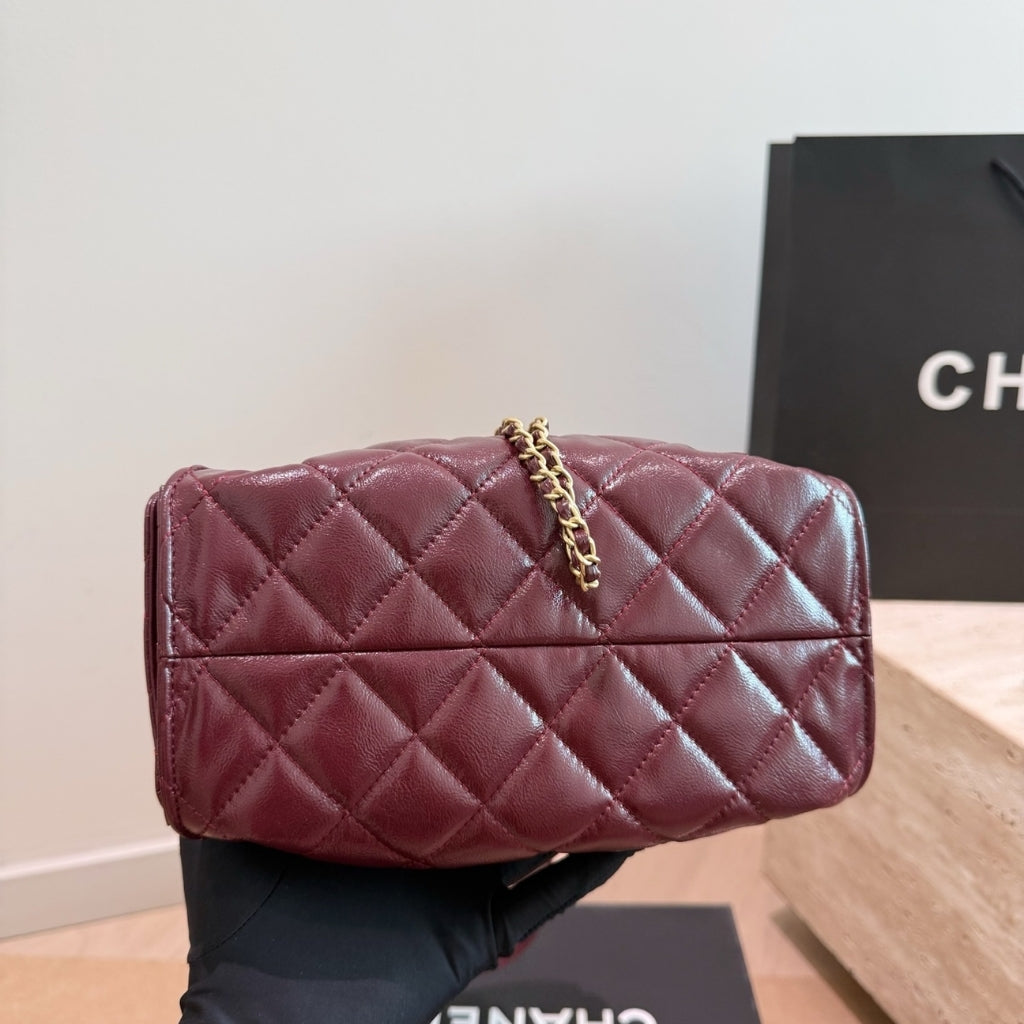 Chanel 25 Mini Shiny Leather Handbag Burgundy 20cm