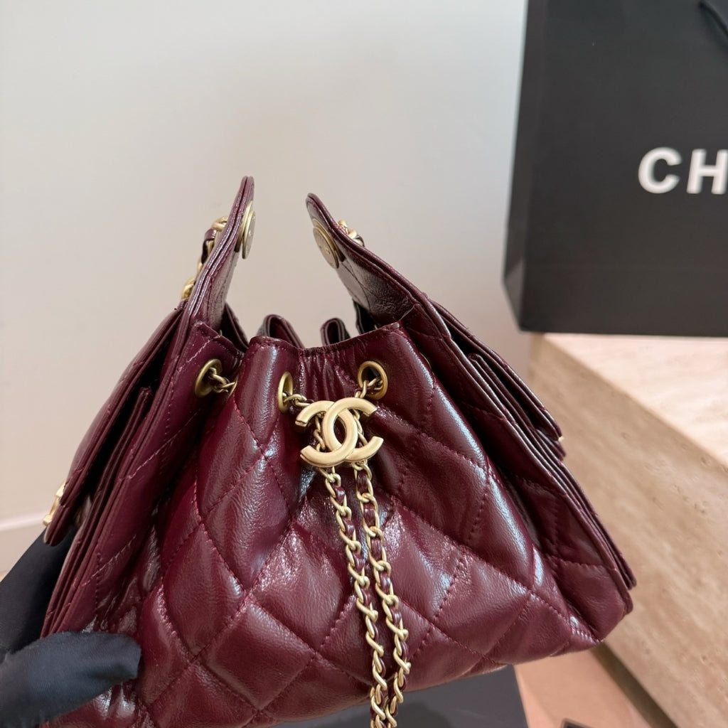 Chanel 25 Mini Shiny Leather Handbag Burgundy 20cm