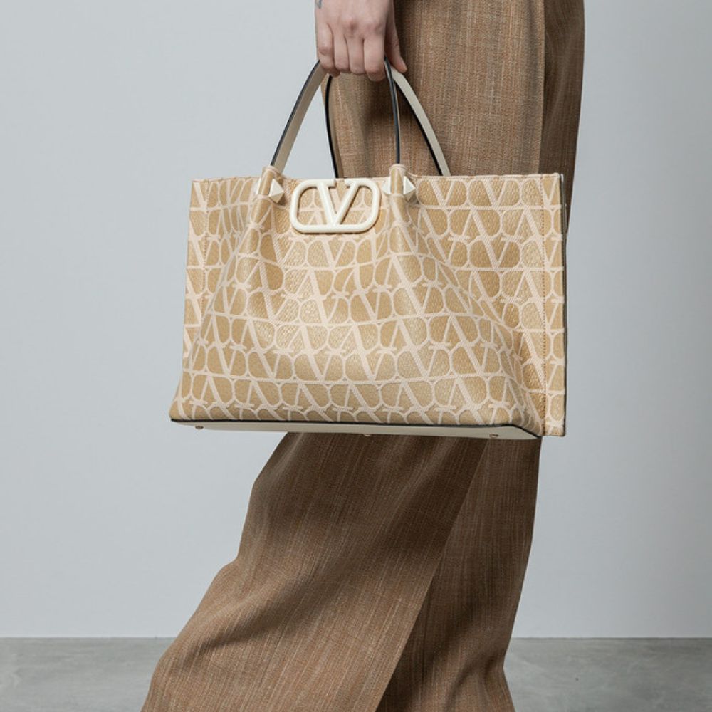 Valentino Garavani VLogo Embroidered Raffia Tote Beige 13.8 Inches