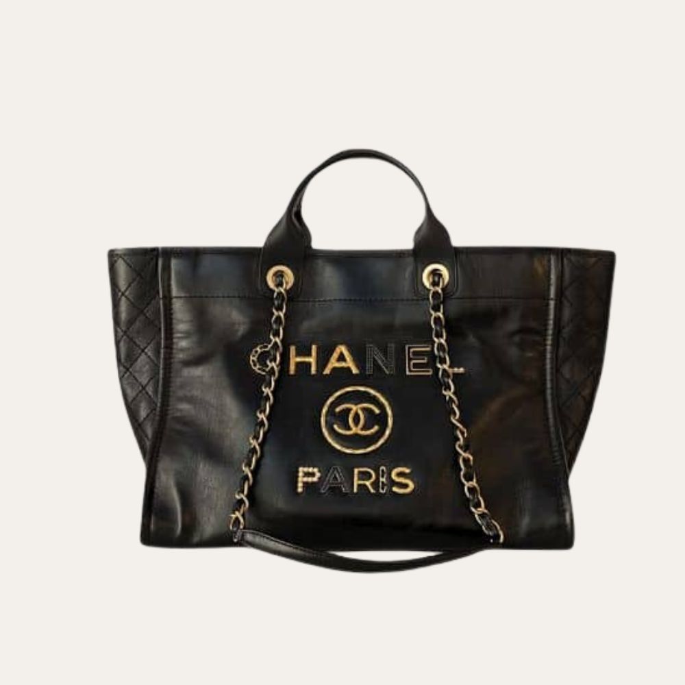 Chanel Deauville Large Shopping Bag Leather Black 15.0 Inches