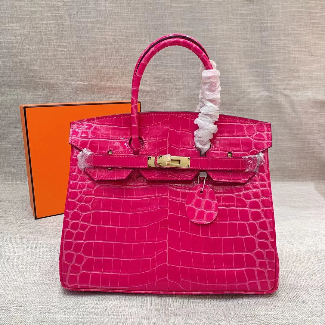 Hermes Birkin 30 Crocodile Gold Toned Hardware Dark Pink 30Cm