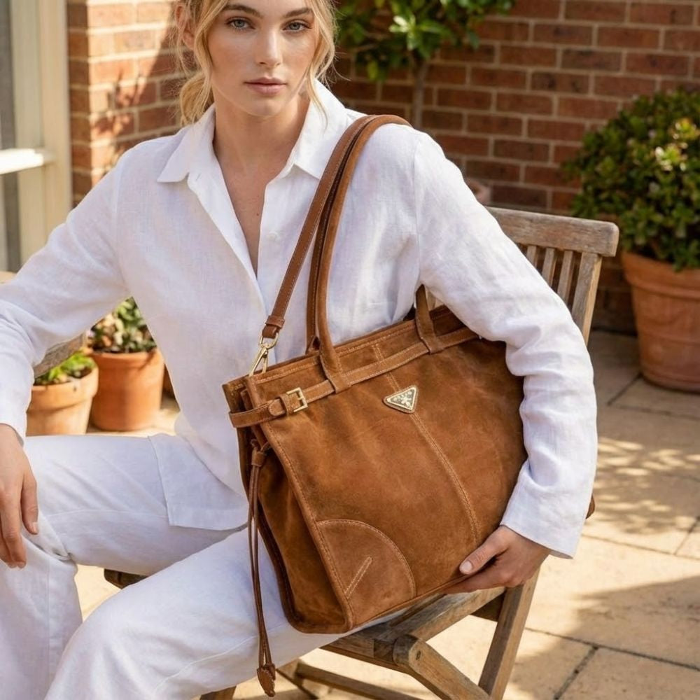 Prada Bonnie Large Suede Handbag Brown 15 Inches 1BA433 2C4S F0401 V MOO