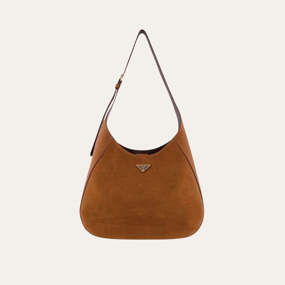 Prada Suede Hobo Bag Brown 13.4 Inches 1BC181 2C4S F0324