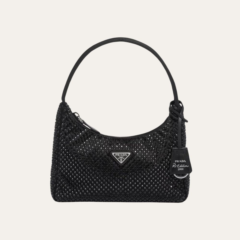 Prada Re Edition Satin Mini Bag With Crystals Black 8.3 Inches 1Bc515 2Awl F0002 V Ooo