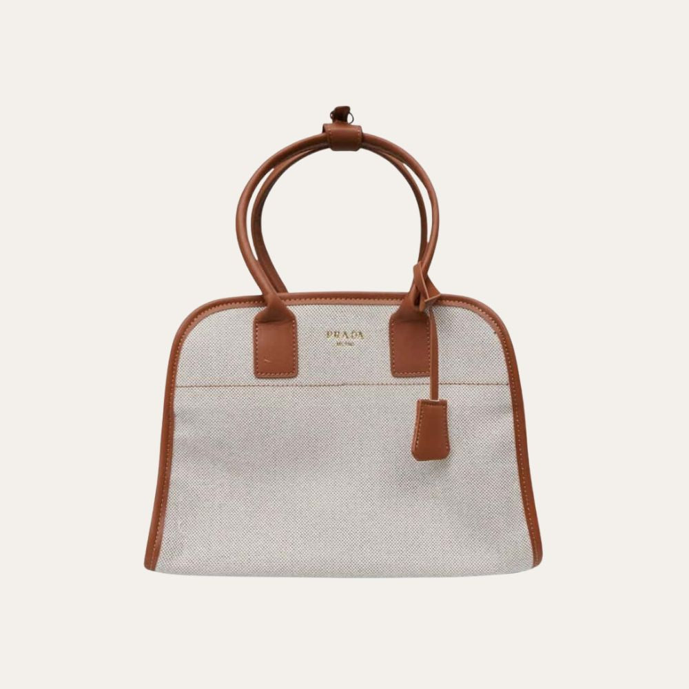 Prada Medium Blend And Leather Tote Bag Tan And Caramel 13 Inches 1BG572 2HJA F0KFZ V OOZ